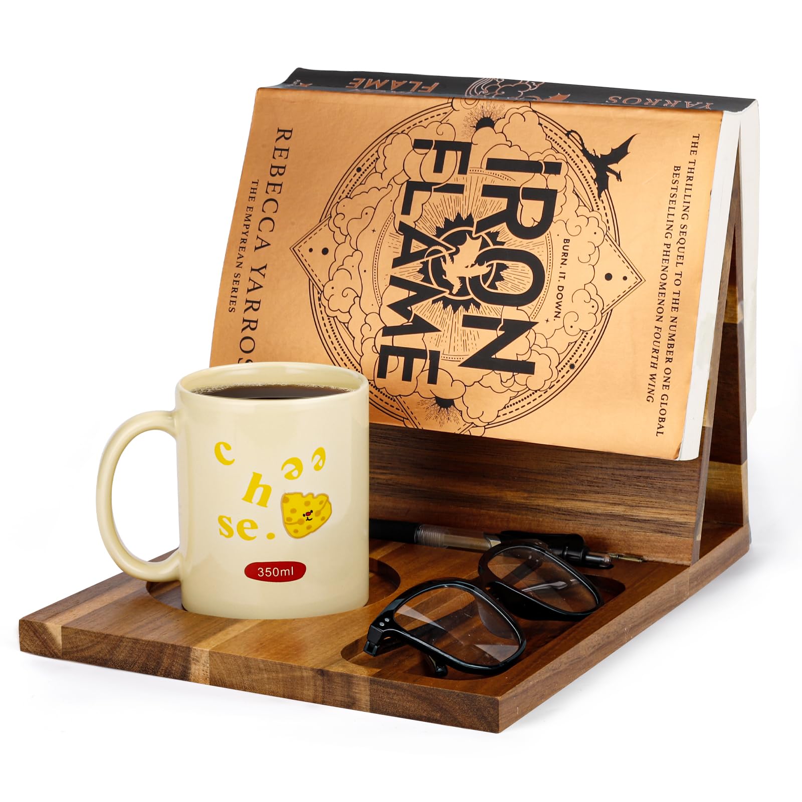 Photo 1 of 3HQ Wooden Book Stand for Reading Rest, Acacia Triangle Book Holder with Cup, Glasses, Pen & Phone Holder, Book Nook Reading Valet for Book Lover Gifts