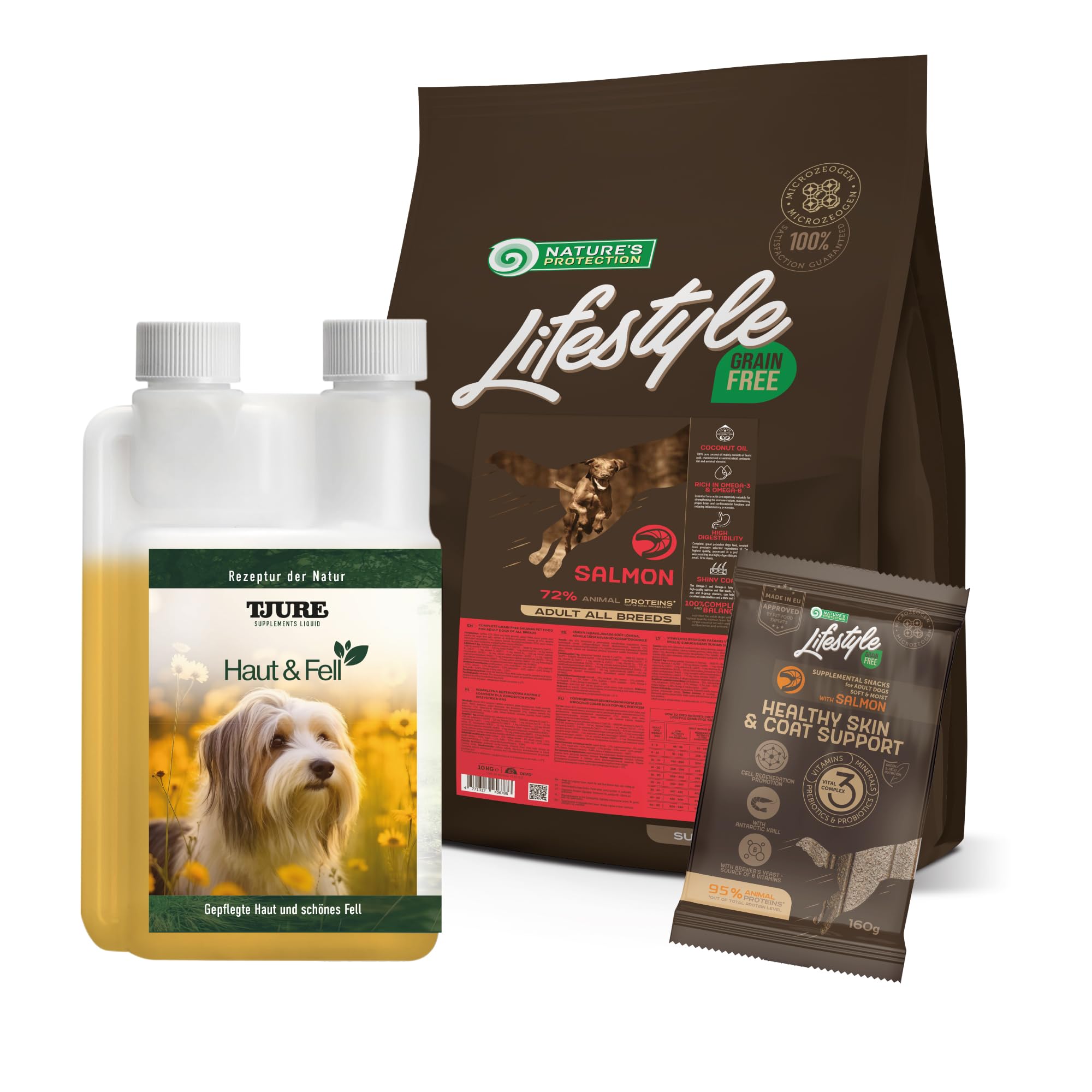 TJURE Haut & Fell Set für Hunde | Flüssige Kräuterpflege + Trockenfutter getreidefrei + Snacks | Nahrungsergänzung Mit Omega-3 & Bierhefe | Ohne Zusätze | Made in Germany
