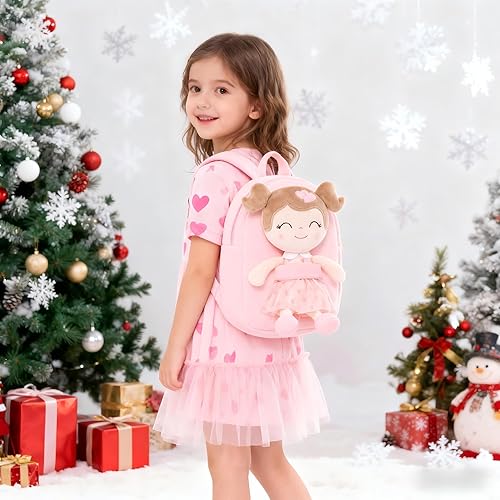 Miniatura 10 de Gloveleya Mochila para niños pequeños, bolsa de felpa de regalo para bebé, bolsa de pañales con corazón flocado rosa mochila para niña