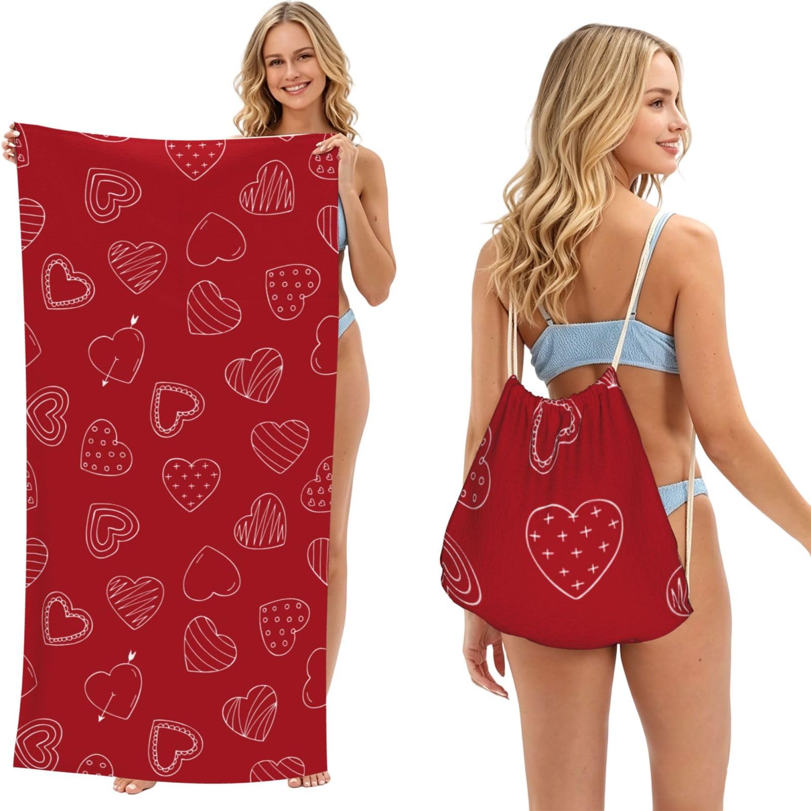 Poadnly As Picture Valentine's Day Heart Pattern, 2 In 1 Packable Towel Bag, Beach Towels With Drawstring Backpack For Travel Holiday Camping