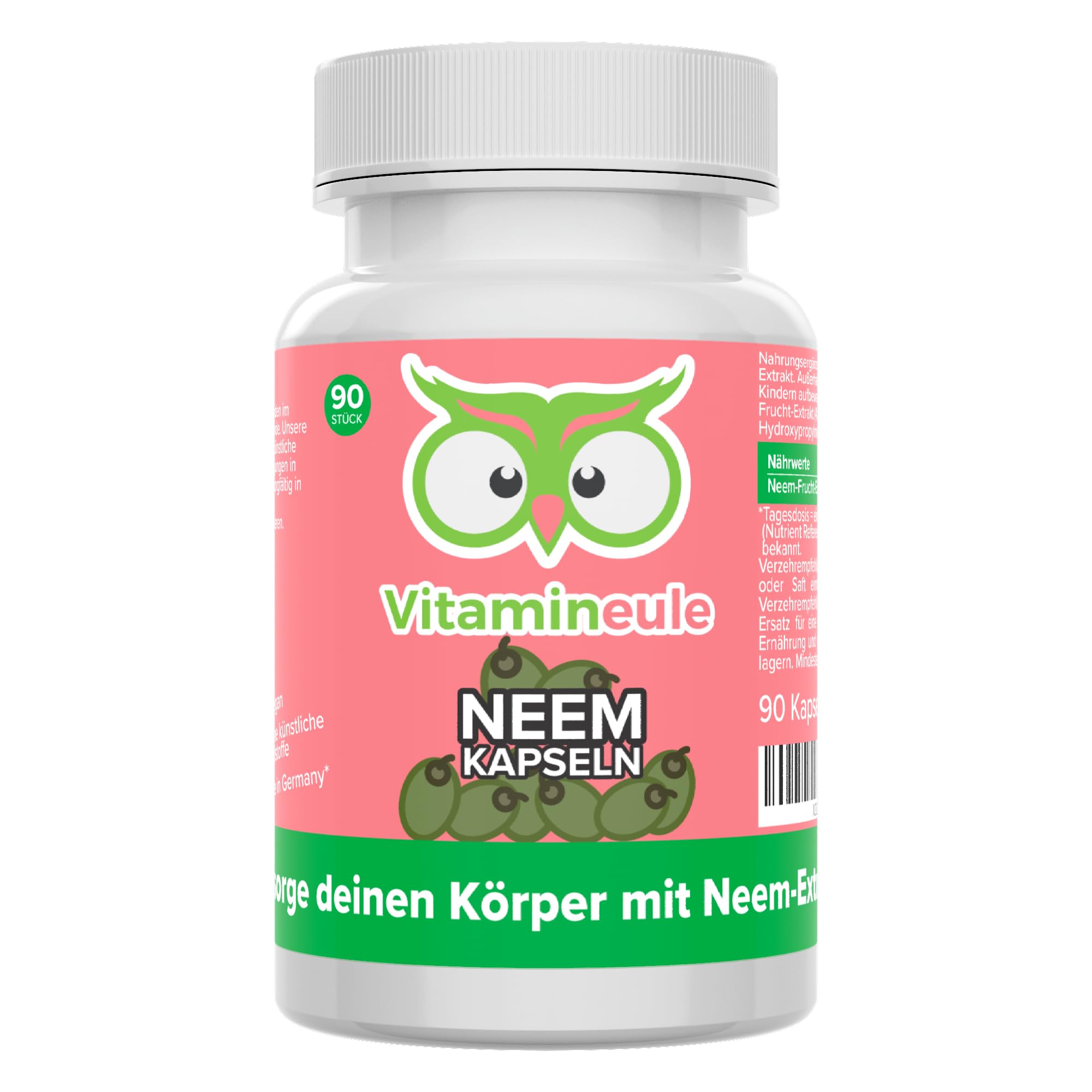 Neem Kapseln - hochdosiert 1600 mg (400 mg 4:1 Extrakt) - bioaktiv & vegan - Produktion in Deutschland - laborgeprüft - Niem ohne Zusatzstoffe - Frucht-Extrakt aus dem Neembaum - Vitamineule®