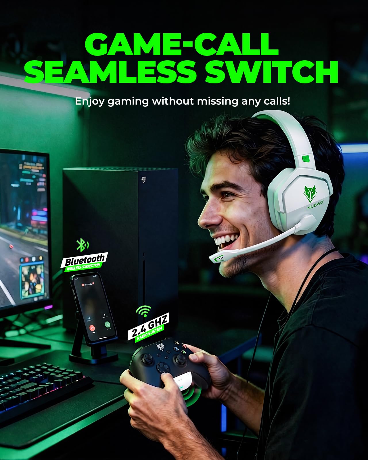 NUBWO G06 - Auriculares inalámbricos para videojuegos con micrófono para Xbox PS5, PS4, PC, 23 ms de baja latencia, 100 horas de reproducción, controlador de 50 mm, color blanco y verde