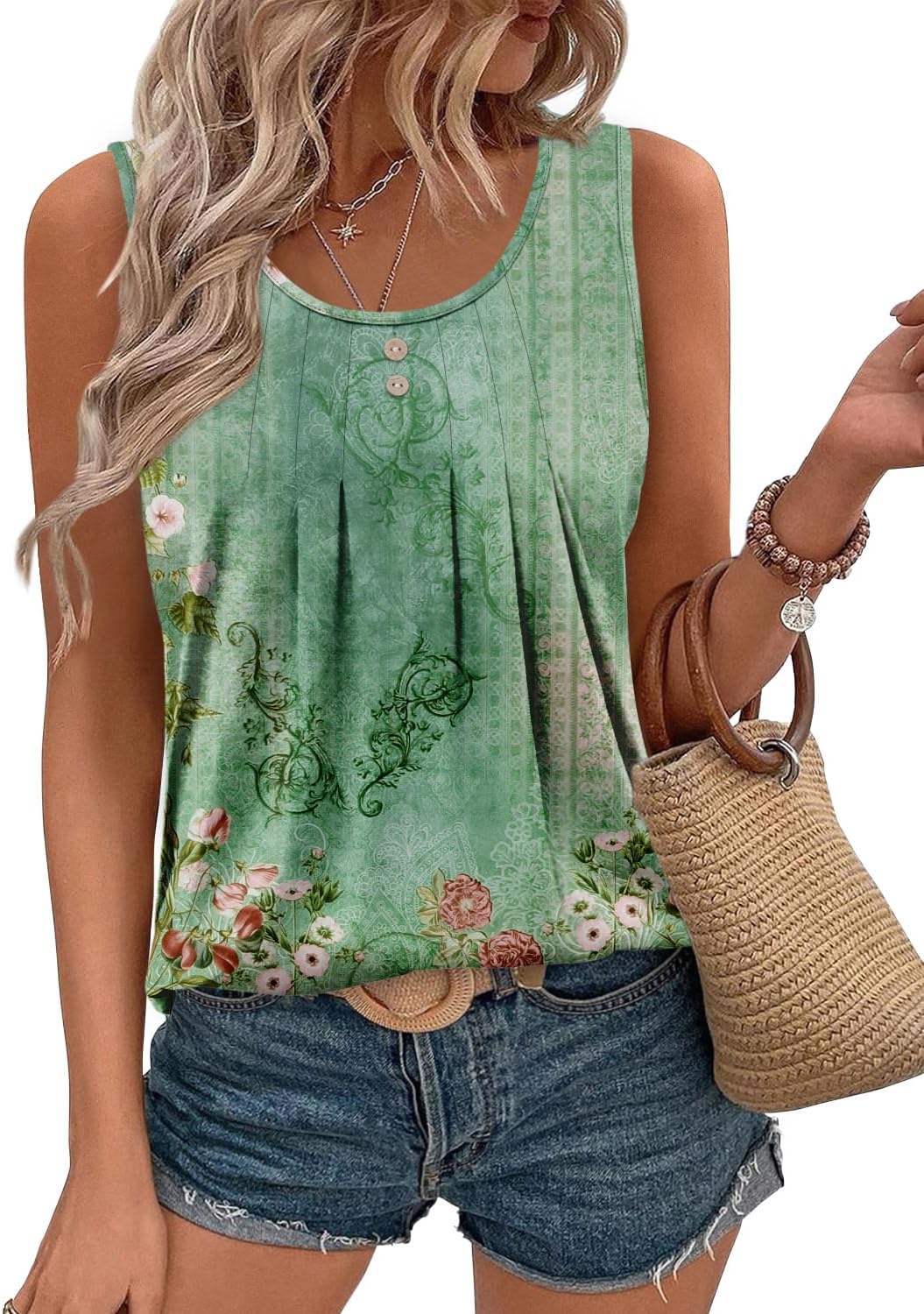 onlypuff Womens Tank Tops Sleeveless Pleated Crew Neck Shirts Dressy Casual Work Cami Blouse - Image 3