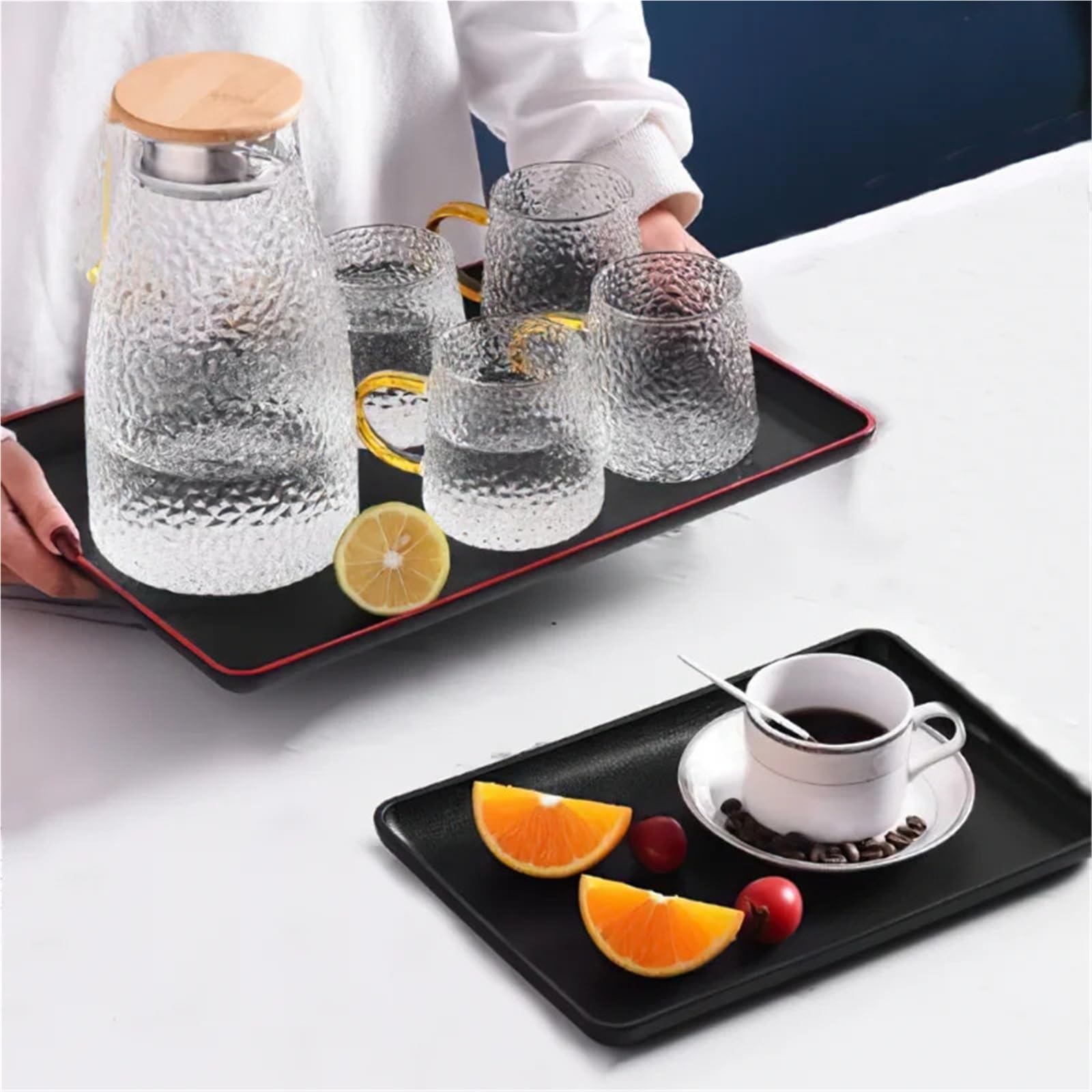 Bandeja Rectangular de plástico de 3 Piezas con veta de Madera Negra, Ideal para Guardar vajilla, Tazas, Pan y Desayuno (35 x 25 cm)
