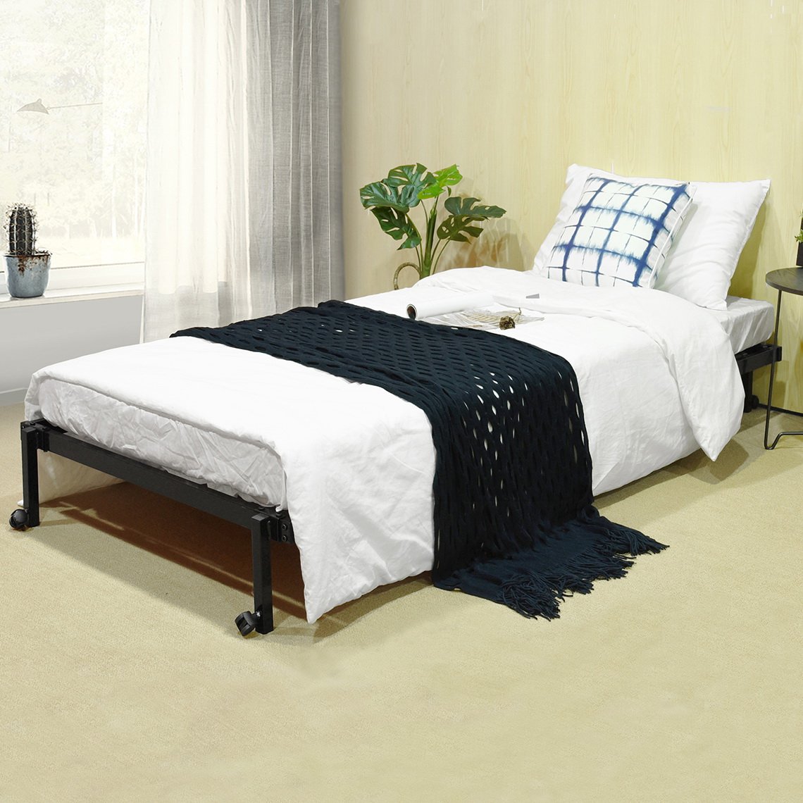 setsail Cadre de lit simple pliable en métal de 90 x 190 cm, lit d'appoint portable avec 4 roues, convient pour matelas de 90 x 190 cm, noir