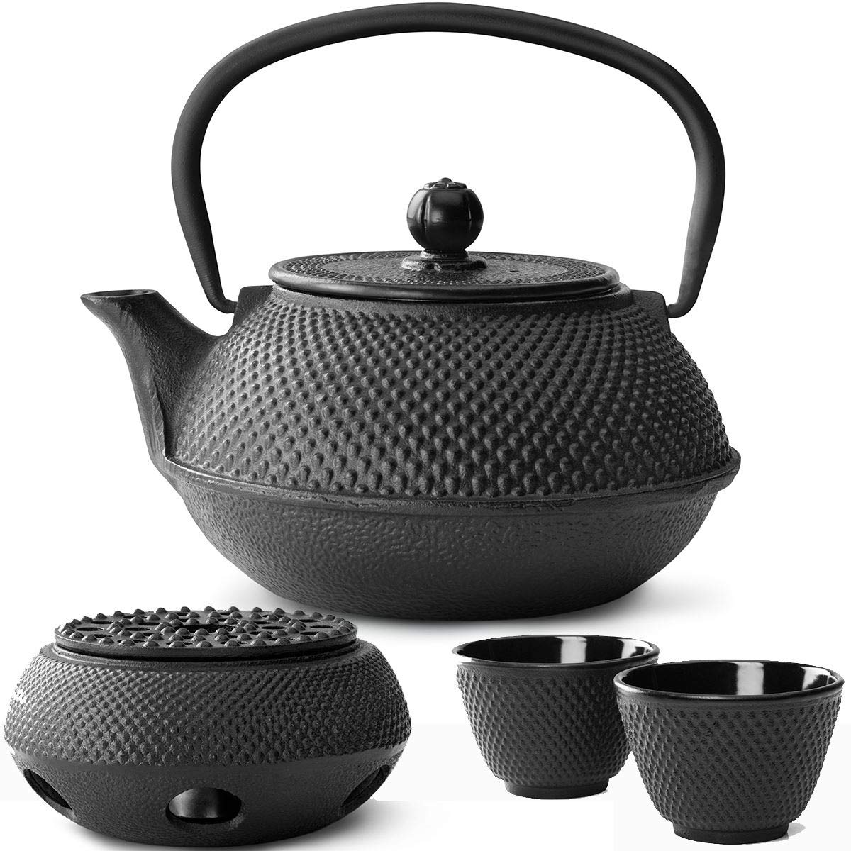 Bredemeijer Teekanne asiatisch Gusseisen Set schwarz 0.8 Liter mit Edelstahl Tee-Filter Sieb-Einsatz für losen Teeeinsatz mit Stövchen und Teebecher (2 Tassen)