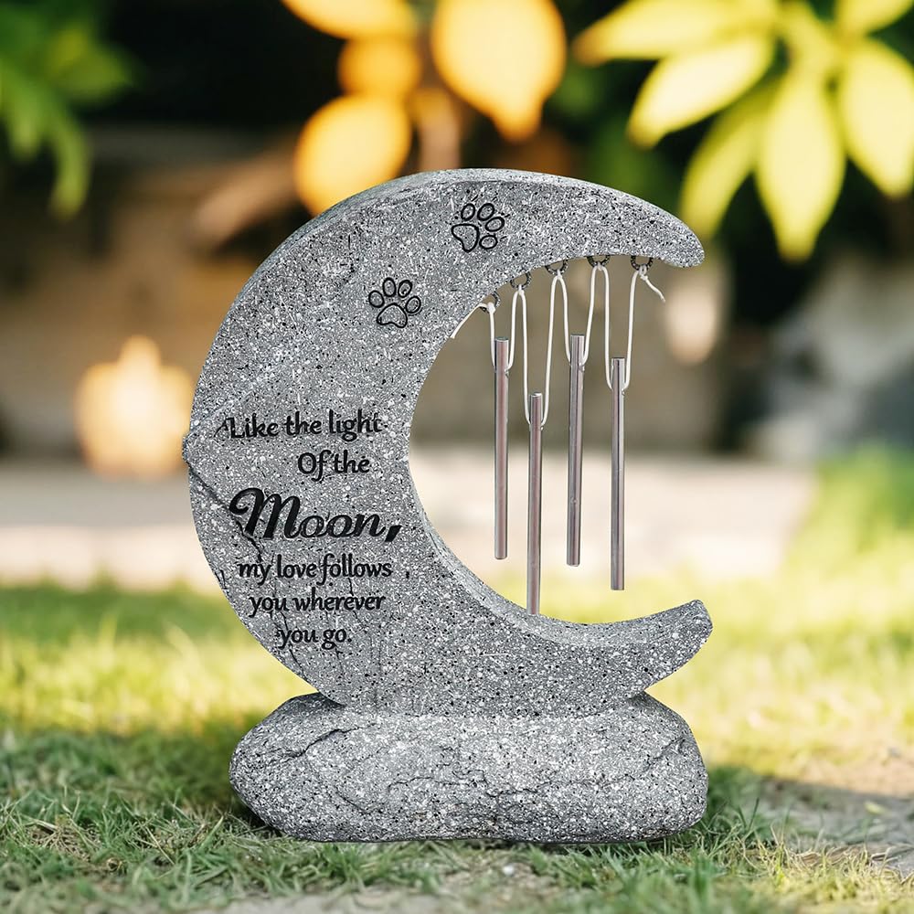 jinhuoba Moon Shaped Pet Dog Memorial Garden Stones Headstones, Grave Stones Tombstones with Wind Chime for Pet Dog Loss Sympathy Gifts Memorial Loss Gifts Outdoors, 6.3