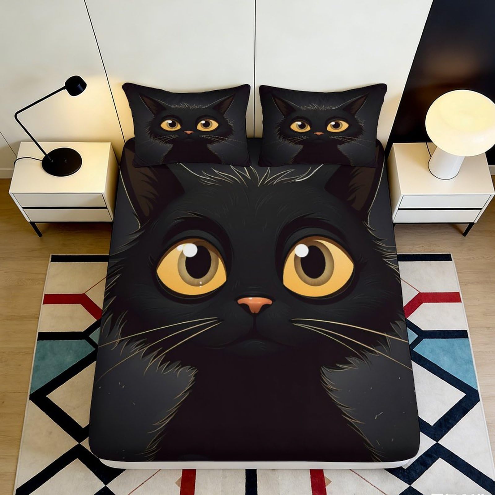 Jxqhbvmg Style-8 3D Printed Black Cat Fitted Sheet Microfiber Non-Slip Deep Pocket Black Cat Mattress Fitted Cover Full Wrap For Bedroom Bedding 90X200x25cm