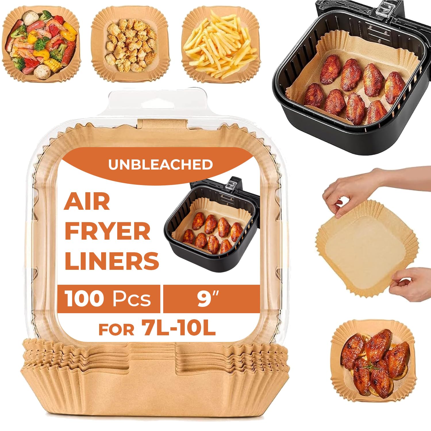 Roe Tenpo Air Fryer Liners, 100Pcs Disposable Baking Parchment Paper, Non-Stick and Greaseproof, Air Fryer Accessories for Ninja, COSORI, Tefal Easy Fry Mega 7.5 L, Russell Hobbs XXL 8L Air Fryer