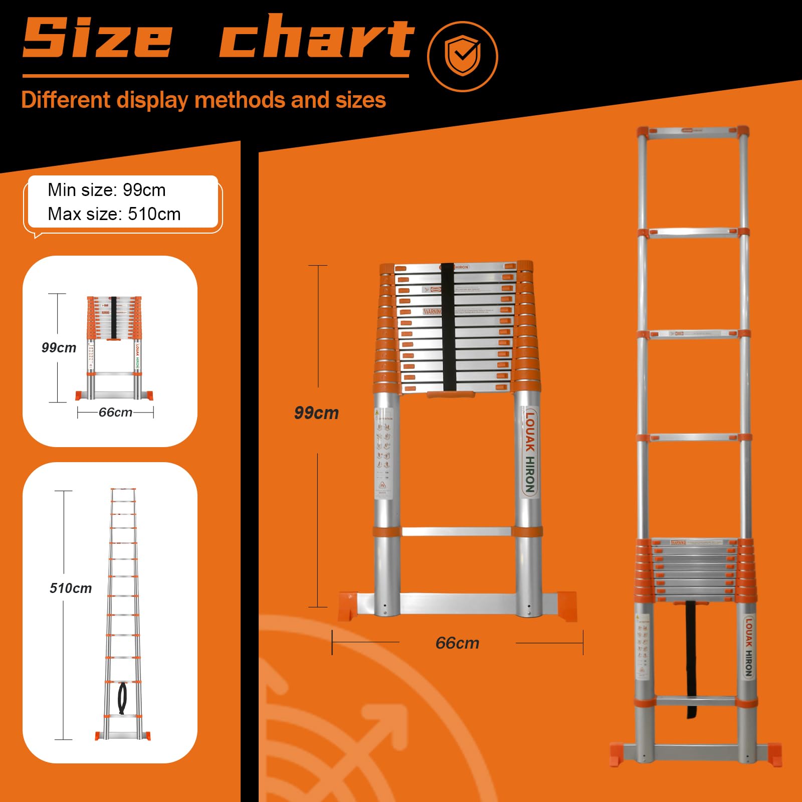 5,1M Alu Teleskopleiter mit Haken Ausziehbare Leiter Klappleiter mit Stabilisator Stehleiter Rutschfester, aus hochwertigem Aluminium, Ausziehleiter Mehrzweckleiter (orange)