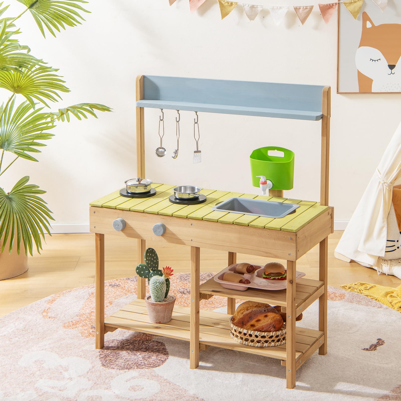 HOMASIS Cocina Infantil de Barro, Cocina Juguete con dispensador de Agua, Fregadero, Cocina de Juegos de Madera con Sonido, 3 Ganchos y estantes, para Exterior, niños de 3+ años, 75x35x92cm (Natural)