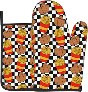Fries Chicken Nuggets Black White Checkerboard Oven Mitts and Pot Holders Sets, Heat Resistant Kitchen Gloves for Cooking & BBQ, Washable, Set of 2