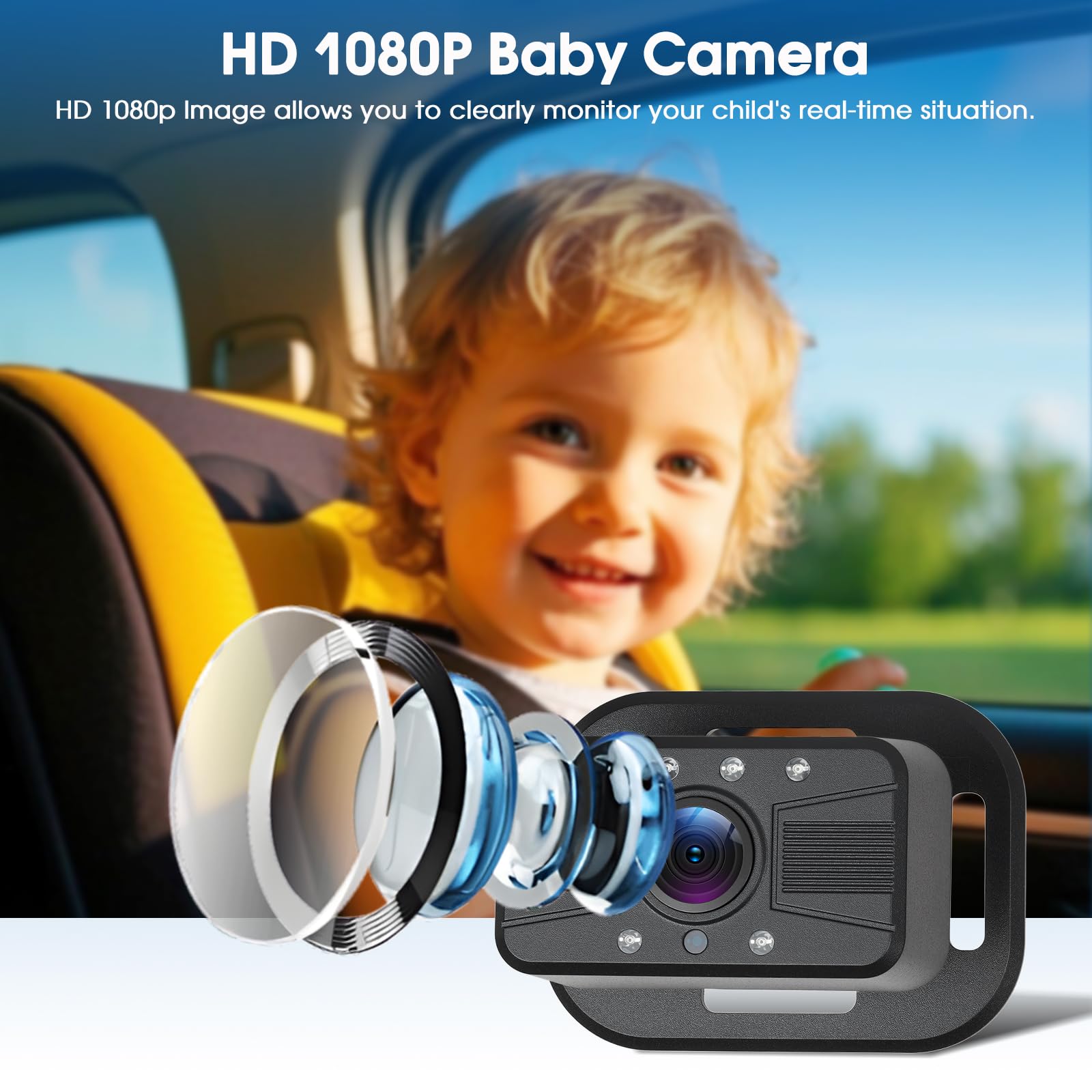 Caméra bébé 7'' avec écran Tactile IPS - Babyphone sans Fil Android Auto, AirPlay, Android Cast, Bluetooth, GPS en Ligne, Vision Nocturne avec éclairage Infrarouge, Installation Facile, 7-32V