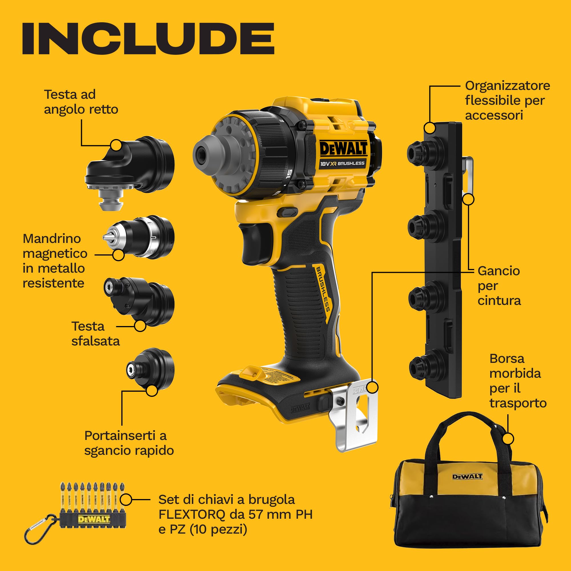 DEWALT Trapano Avvitatore Multi-Testa 18V XR con 4 Teste Intercambiabili, Borsa Morbida e Set inserti con 10 Pezzi da 57mm PH & PZ FLEXTORQ per Avvitatura, solo Utensile, DCD803KN-XJ