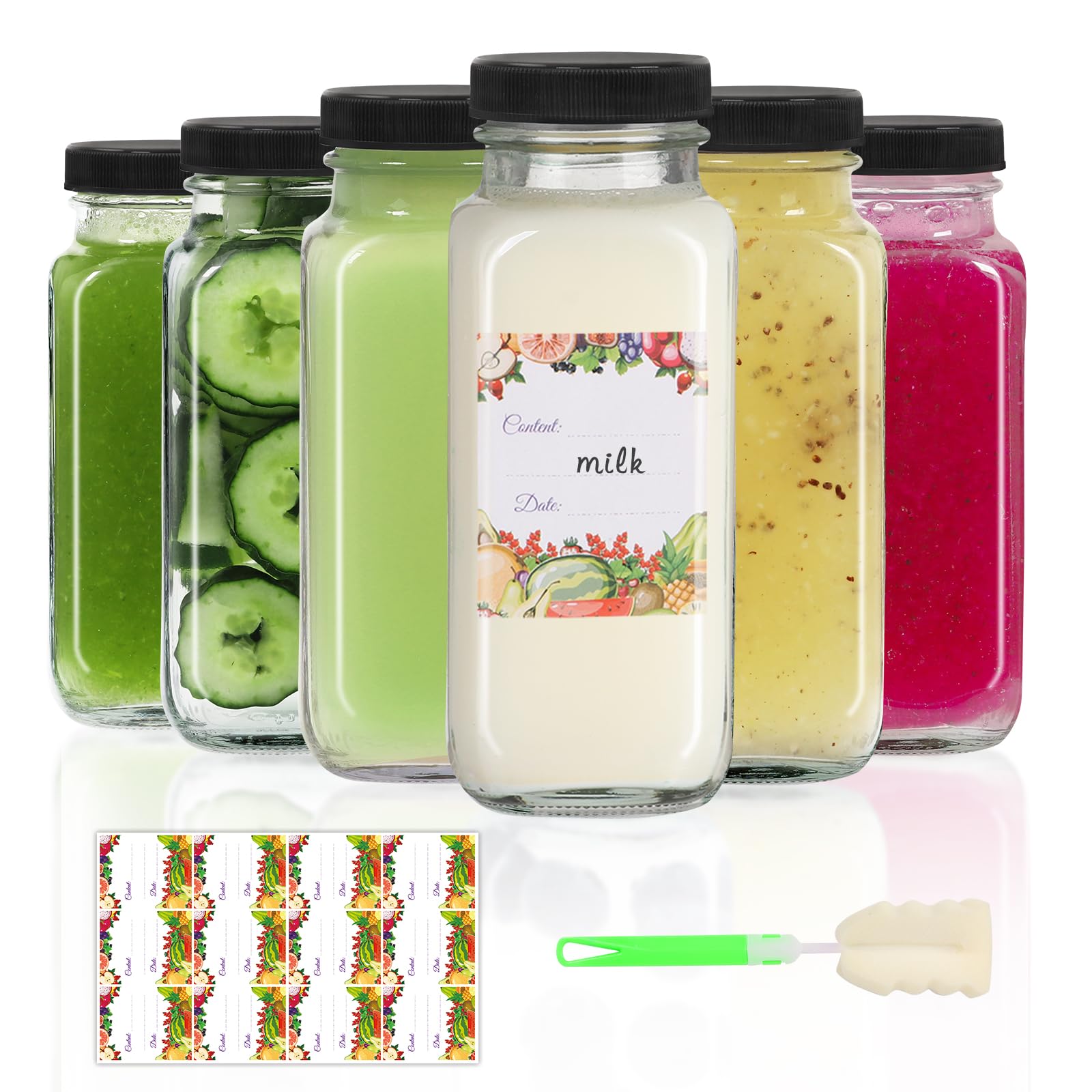 AuroTrends8 oz Glass Bottles with Lids 6Pack, 250ml Glass Bottles for Juicing, Water, Kombucha - Portable Glass Juicing Bottles Reusable Glass 8oz (8fl.oz, Set of 6)