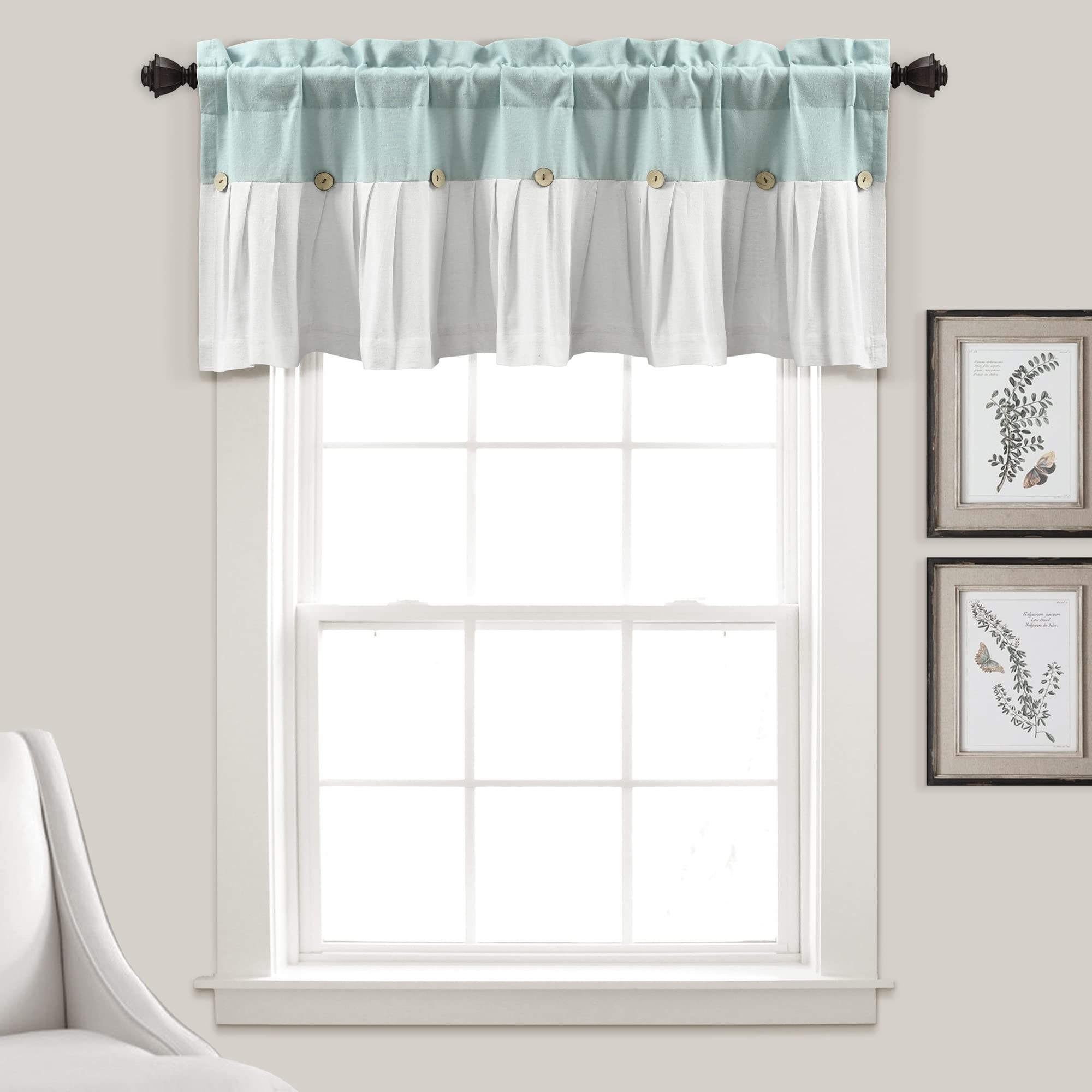 Lush Decor Linen Button Farmhouse Valance, 52" W x 18" L, Blue & White - Rustic Kitchen Valance For Windows - Pleated Color Block Design With Coconut Husk Button Detail - Kitchen Curtains Valance