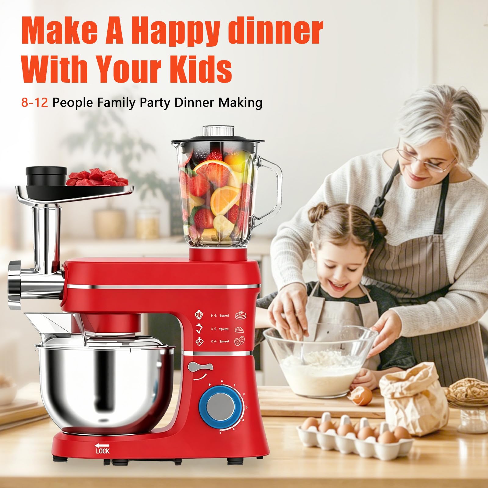 Robot de Cocina multifuncion 10L 1400W 5 en 1, tazón de Acero Inoxidable, Gancho amasador + picadora + exprimidor, Ventosa Antideslizante, para Pizza & Pan & Pasta, para Familia Red