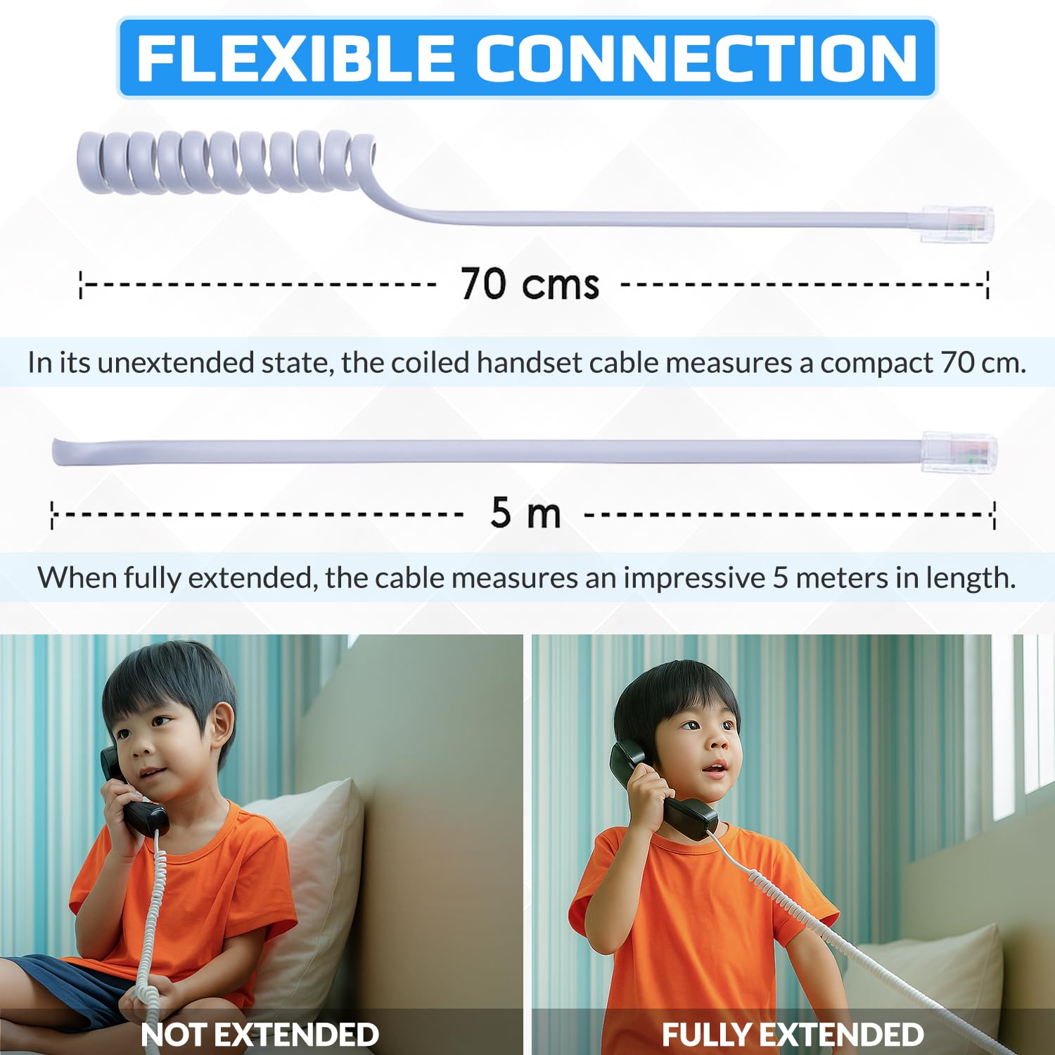 Kabel telefoniczny RJ10 z kręconą sprężyną, spiralny przewód słuchawkowy, 3 metry, kompatybilny z telefonami stacjonarnymi/IP BT, AT&T, Cisco, NEC, ROLM, ITT, TI (biały)