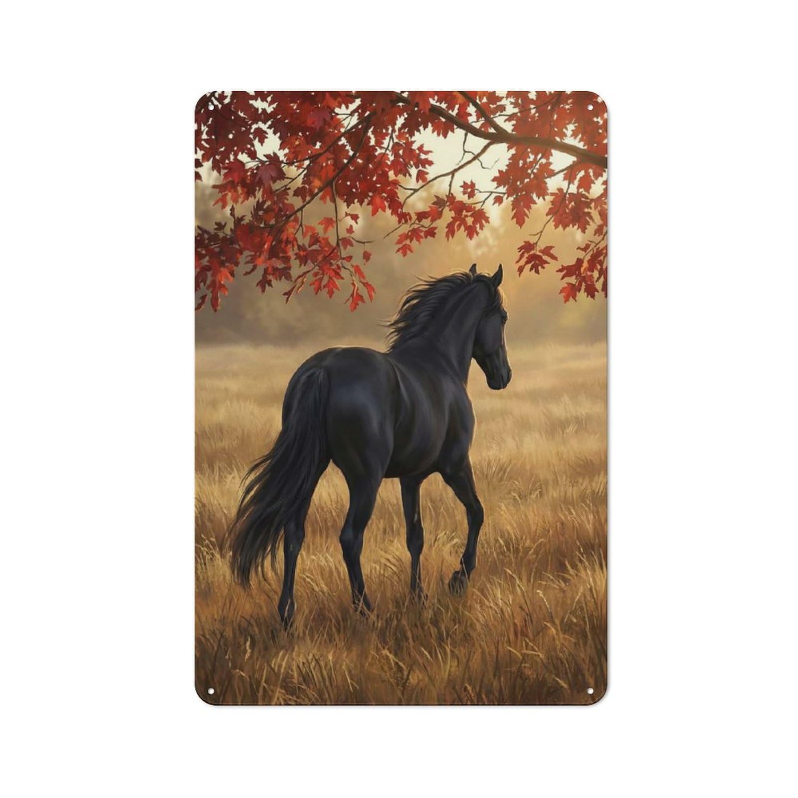 Junmoney Style-7 Vintage Tin Sign 30X20cm With Black Horse In Autumn Field For Man Cave Or Games Room, For Vintage Wall Decor Fans, For Metal Sign Collectors
