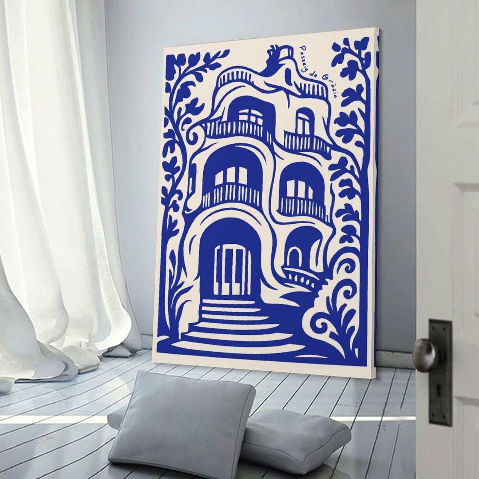 Junmoney Canvas Wall Decor Passeig De Gràcia Building Illustration, 24x36inch(60x90cm), for Flats, Guest Rooms Or Compact Rooms, A Simple Refresh for Blank Walls