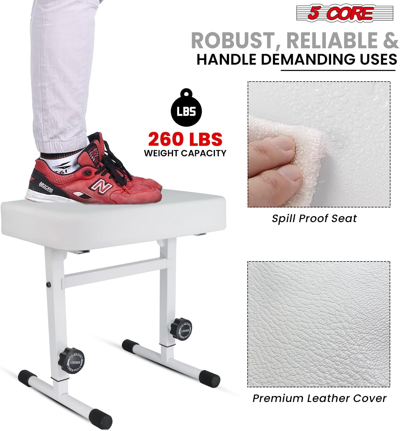 5 CORE Keyboard Bench 3 Inch Thick Padded Cushion Adjustable 17-22" Piano Stool Heavy Duty 260 lb Capacity Portable Musician Chair - KBB H-ADJ WH