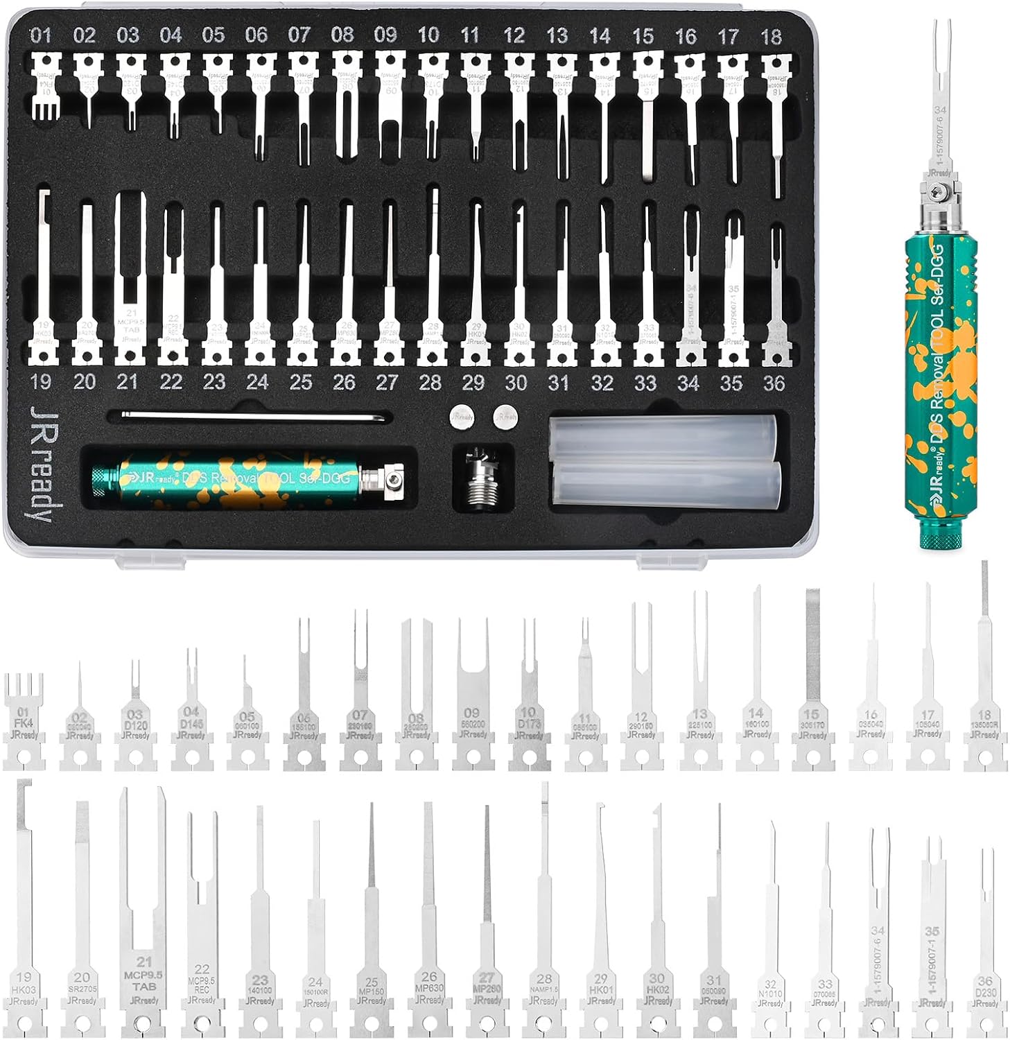 JRready ACTCRH7A03 Pin Removal Tool Kit for TE, Deutsch, AMP, Molex, Delphi, Harting, YAZAKI, BYD, JPT Automotive Heavy Duty Electrical Terminal Connector(1 PC Tool+36PCS Replacement Tips)