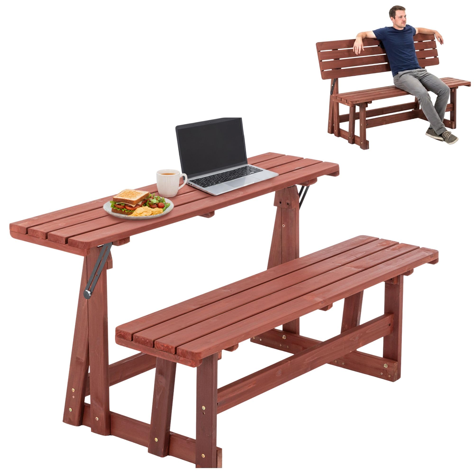 RocVanc 2-IN-1 Convert A Bench Picnic Table Wood Bench to Table With Umbrella Hole