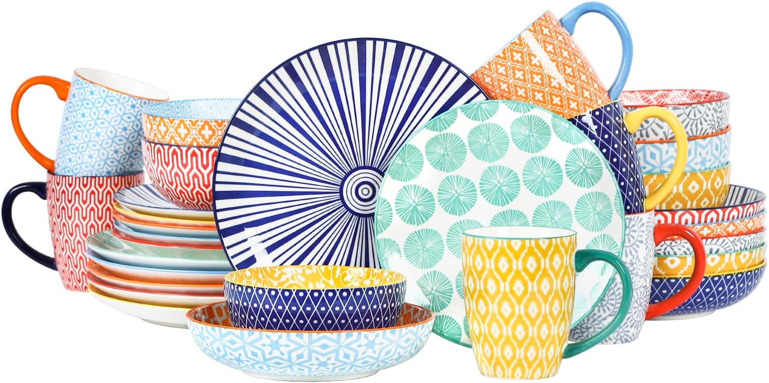 Selamica 30-Pieces Ceramic Dinnerware Sets for 6, Scratch Resistant Plates and Bowls Sets, Microwave and Dishwasher Safe, Assorted Colors A