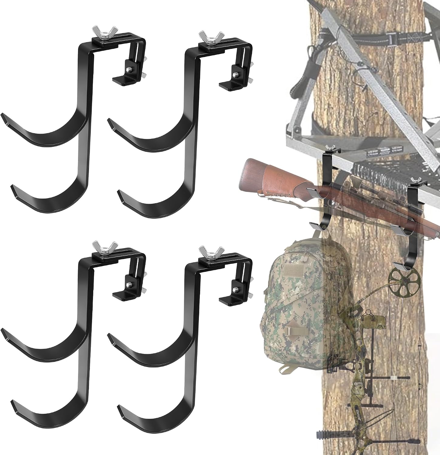 Metal Hunting Holder for Tree Stand Seat Hooks Hangers Portable, Adjustable from 0.8" to 1.6" Treestand Accessories for Hunting Bow Holder with Double Hook