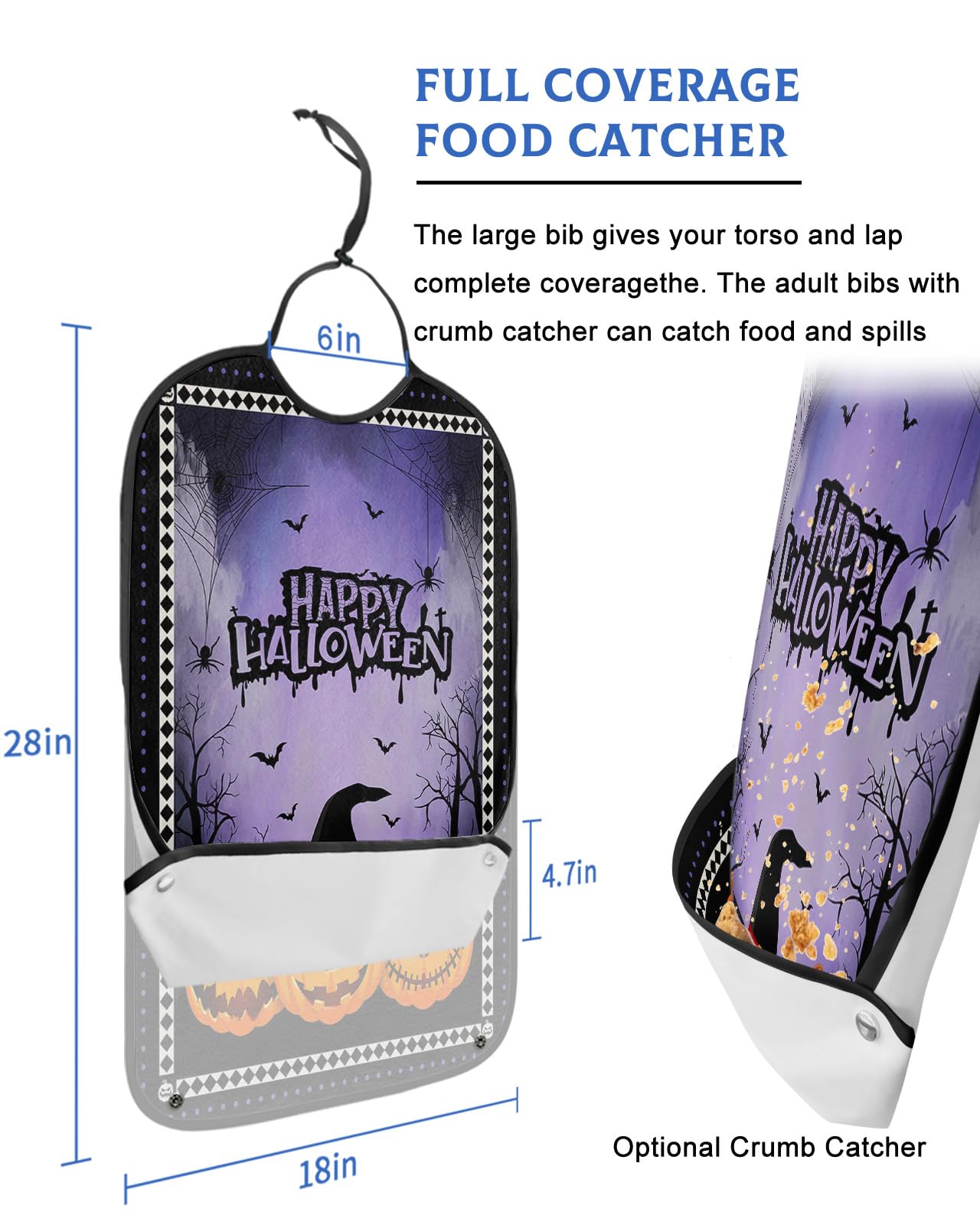 Halloween Adult Bibs for Eating, Waterproof Bibs with Food Catcher & Adjustable Snap Closure, Purple Pumpkin Bat Rustic Black White Plaid Washable Clothing Protectors Adult Bibs for Elderly Women/Men