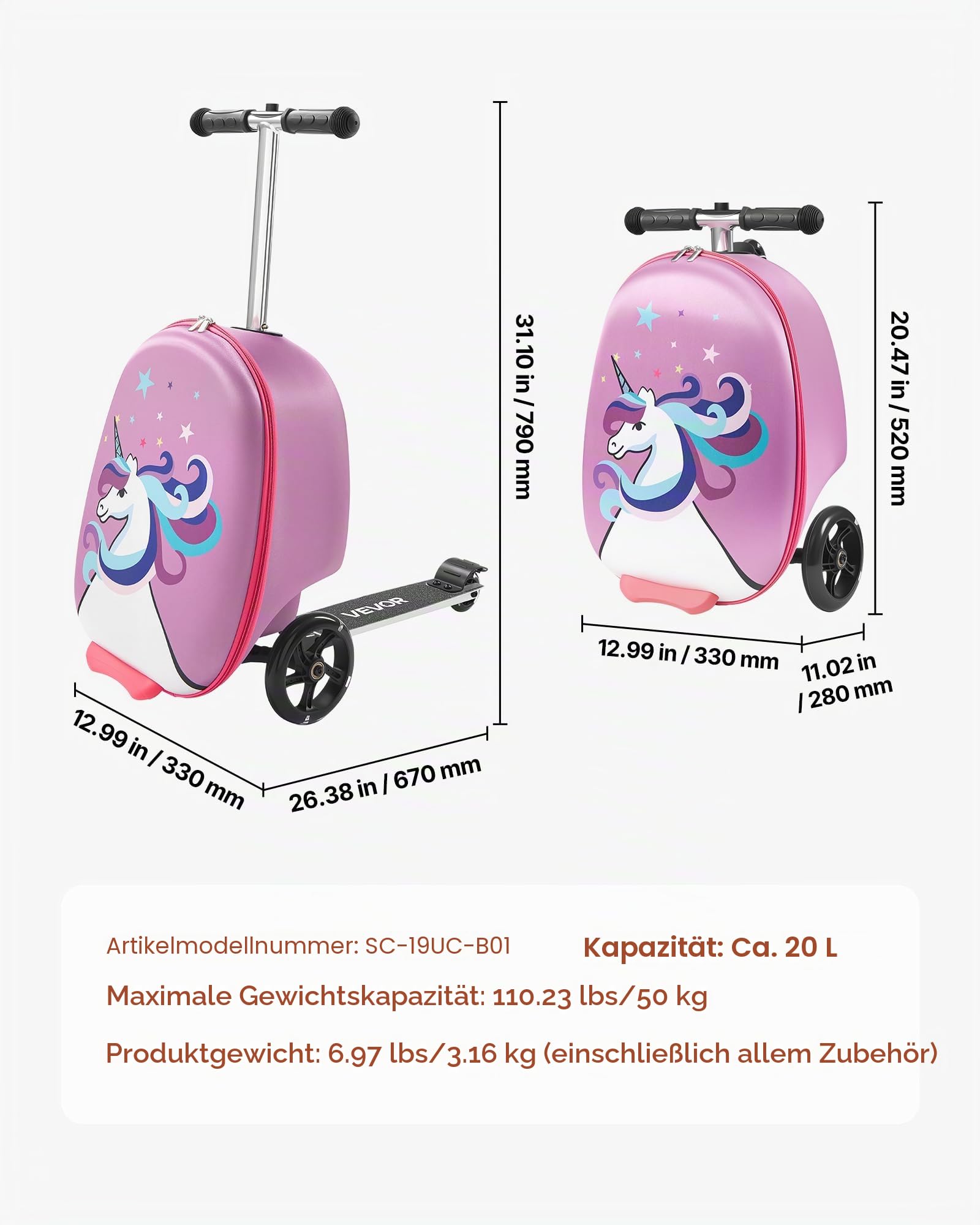 VEVOR Scooter Koffer, 20 L Fassungsvermögen, Reisekoffer mit Flash-PU-Rädern, TPR-Anti-Rutsch-Griff, max. Gewichtskapazität 50 kg, Kinderkoffer Handgepäck, für Kinder ab 5 Jahren, Lila