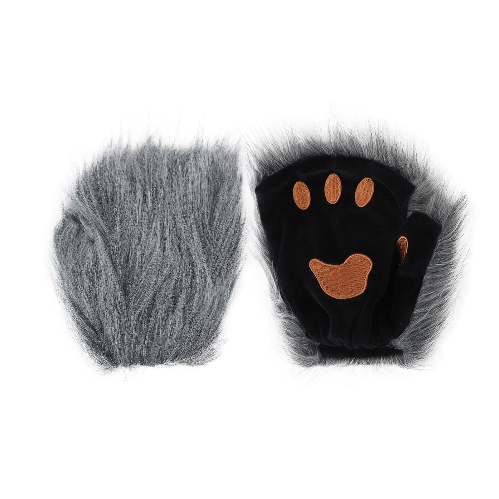 Furry Cat Paw Gloves Mittens Plush Fingerless Dog Bear Wolf Paws Gloves Men Women Faux Fur Werewolf Costume Accessories Halloween Cosplay Party Fuzzy Half Finger Winter Warm Mitts (Grey, One Size)