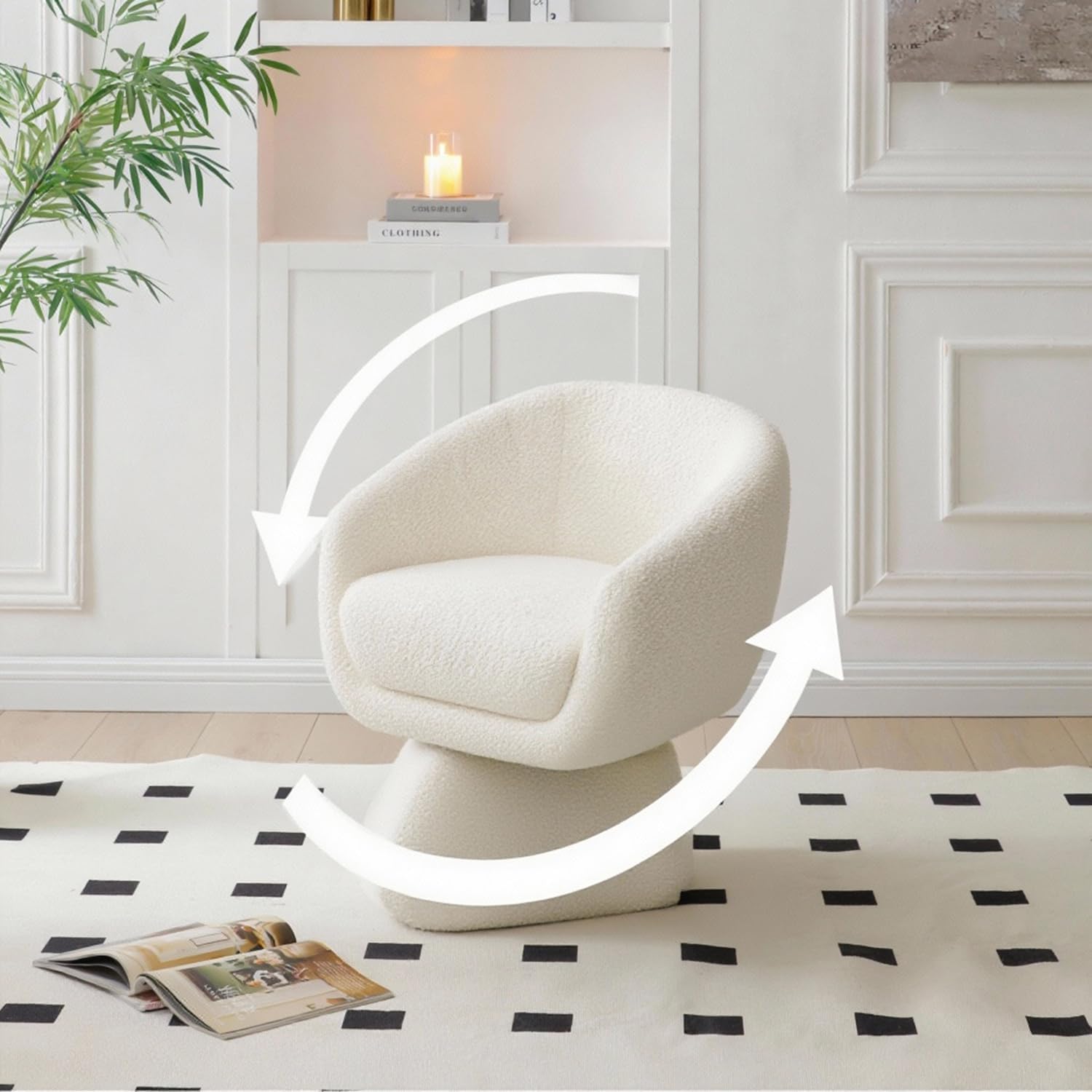 Modern Oversized 360° Boucle Swivel Barrel Chair with Armrests,Comfy Accent Lounge Chair for Living Room,Bedroom,Apartment,Small Space,Office (White)