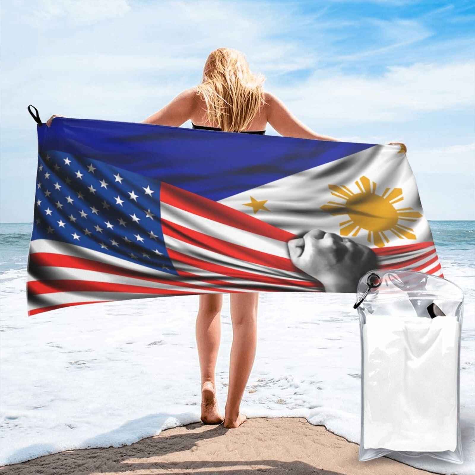 HACXZ Beach Towel America Flag and Philippines Flag Microfiber Beach Towel Lightweight Absorbent 31.5"X63"