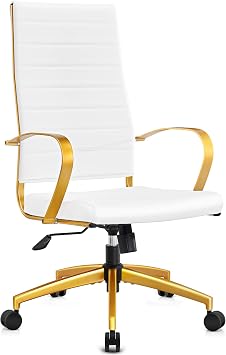 Ergonomic Office Chair, High Back Executive Chair in White Vegan Leather with Gold Accents, Adjustable Desk Chair with Back Support for Home OfficeWhite