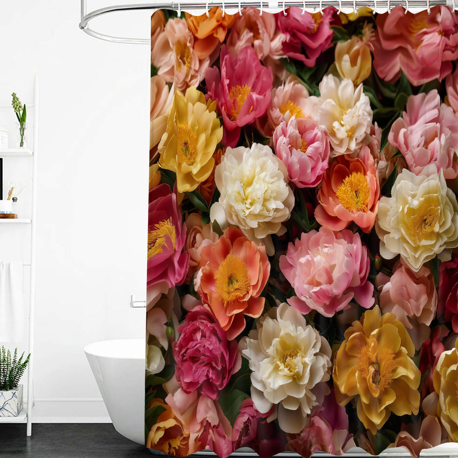 Cortina de Ducha Floral de Peonía para Baño de Mujer,Estilo Pastoral con Peonías Rosas,Amarillas y Blancas,con Ganchos de Plástico,Lavable y de Secado Rápido,240Anx200Alcm (1 Panel).