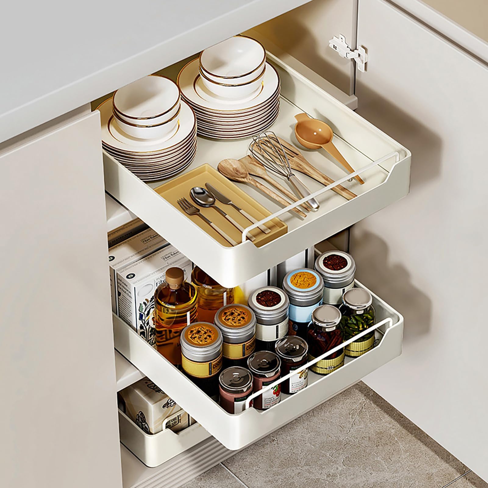 Kashyke Ausziehbarer Schrank Organizer, Slide Out Drawer Pull Out Cabinet Organizer Kitchen, Schrank Ausziehbare Schublade Küche zum Kleben, Teleskopschublade Küche ohne Bohren (43 * 7 * 30cm)