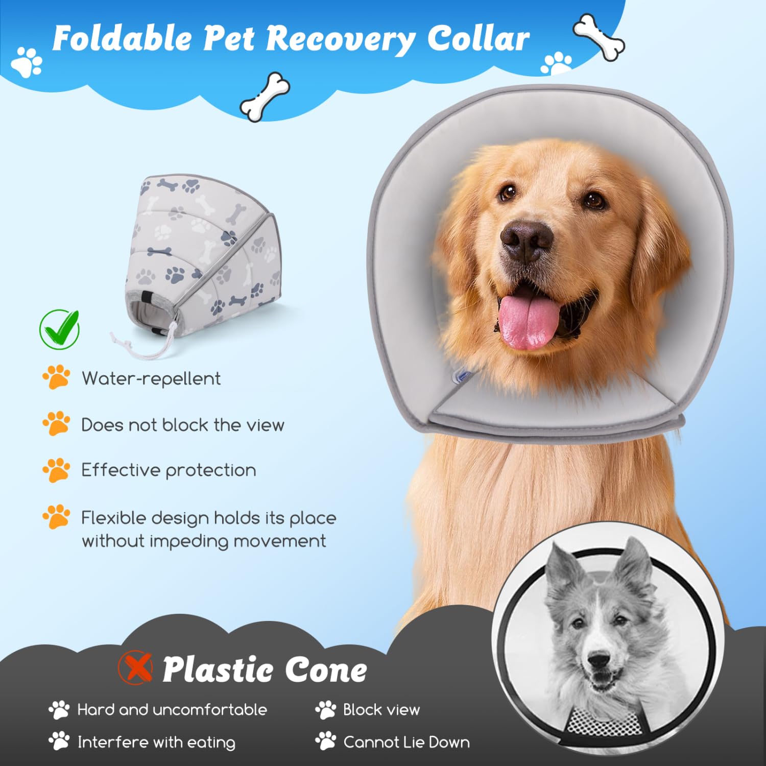 Nobleza Collar Isabelino Perro Plegable, Collar de Cono para Perros Anti- Mordida Ajustable, Gruesa y Suave Collar de Seguridad para Gatos Perros Recuperación de Cirugía o Heridas, M