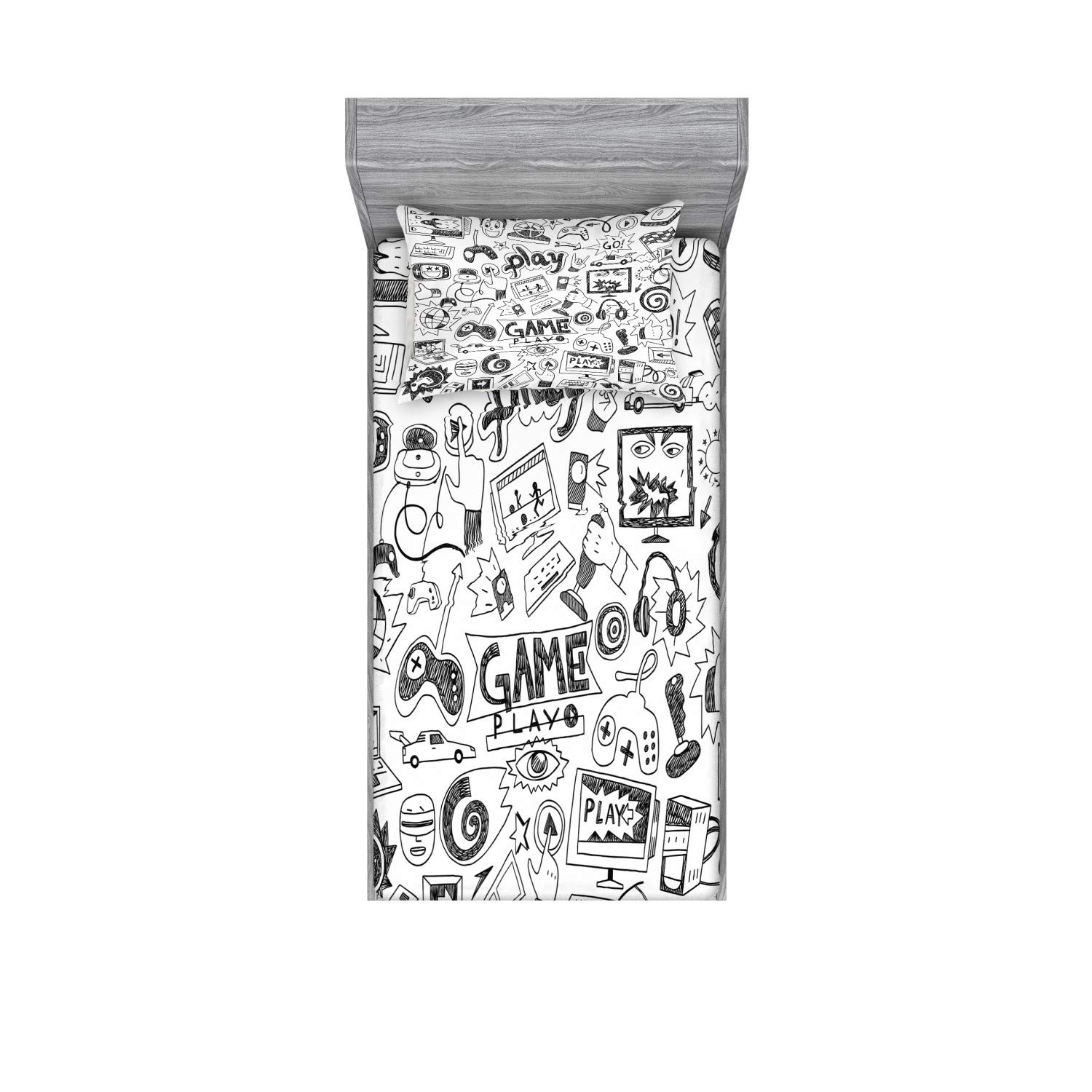 Ambesonne Video Games Bedding Set with Sheet & Covers for Gamer Geek Home Decor Monochrome Sketch Gaming Design Racing Monitor Device Gadget Teen 90's Printed Bedroom with Sham, Twinxl, Charcoal Black