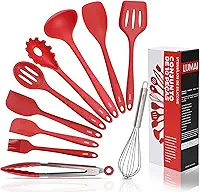LUMAI Kit 10 Utensílios de Cozinha em Silicone e Aço Inox, Resistentes ao Calor e Antirriscos, Não Arranham, Conjunto Acessórios de Cozinha Completo com Espátula, Pegador, Concha, Colher – Vermelho