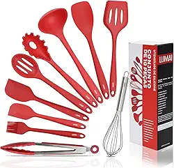 LUMAI Kit 10 Utensílios de Cozinha em Silicone e Aço Inox, Resistentes ao Calor e Antirriscos, Não Arranham, Conjunto Acessórios de Cozinha Completo com Espátula, Pegador, Concha, Colher – Vermelho
