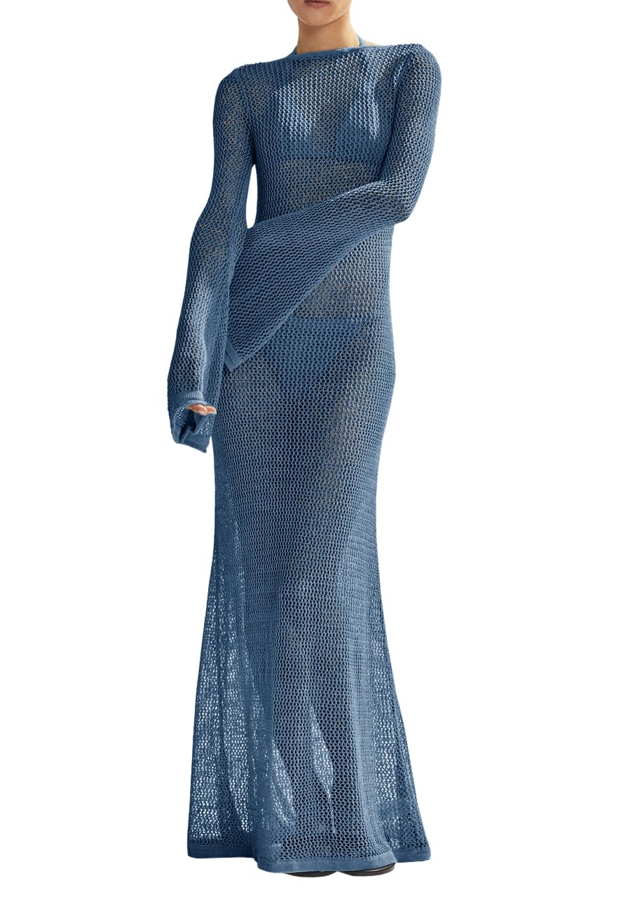 Women Crochet Swimsuit Long Sleeve Sexy Mesh Backless Knit Swimsuit Beach Maxi Dress-image-10