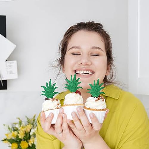 Miniatura 2 de Rsstarxi Paquete de 24 adornos de hojas de piña con purpurina verde y hojas de piña para cupcakes para verano, temática tropical, fiesta de Luau,