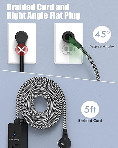 Miniatura 3 de Regleta protectora de sobretensiones con puertos USB C, cable de extensión trenzado de 5 pies, 5 salidas y 3 puertos USB (1 USB C), regletas de