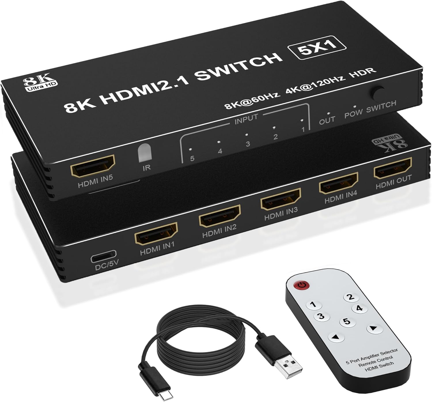 8K HDMI Splitter HDMI Switch 4K 120Hz - 5 in 1 Out hdmi switcher 8K 60Hz 4K 120Hz Splitter with Remote 3D HDR10+ HDCP 2.3 CEC, Use for PS5/4/3 Xbox Nintendo Switch DVD Roku Apple TV Fire Stick PC