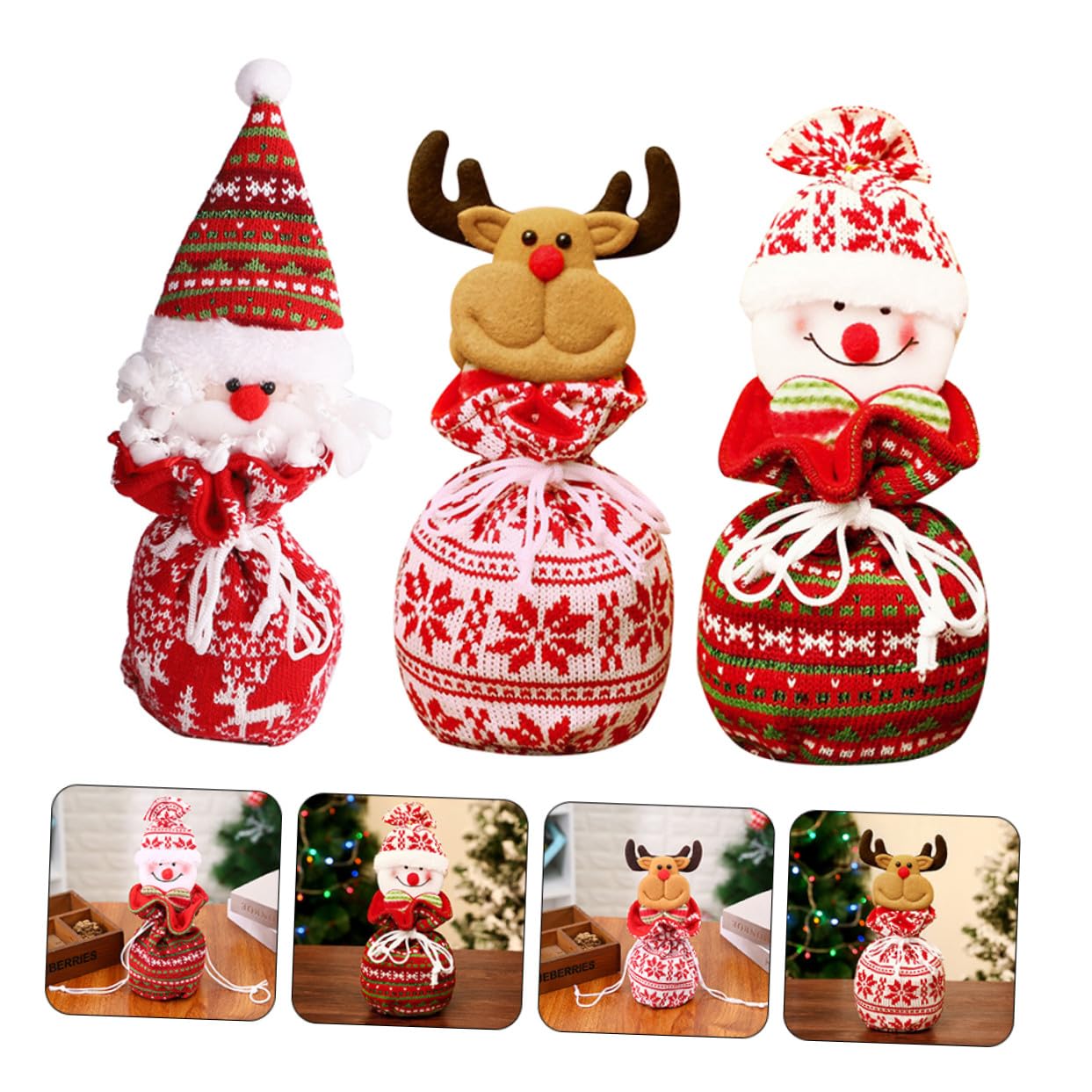 DEARMAMY 12 Piezas Bolsas de Navideñas de Bolsas de Manzana de Punto con Diseño Reutilizables y Lavables para Dulces y Pequeños Obsequios para Fiestas y Decoración Navideña