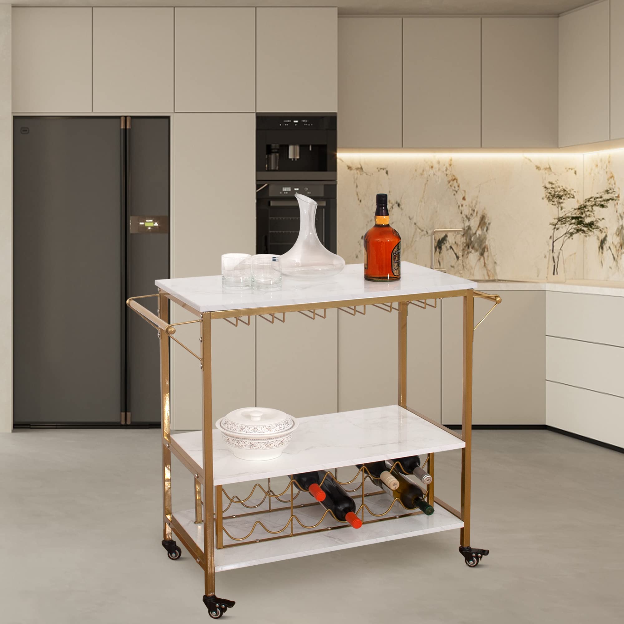 AZL1 Life Concept Bar-Servierwagen, Flaschenaufbewahrung und Weinglasregal, Kunstmarmor, goldfarben