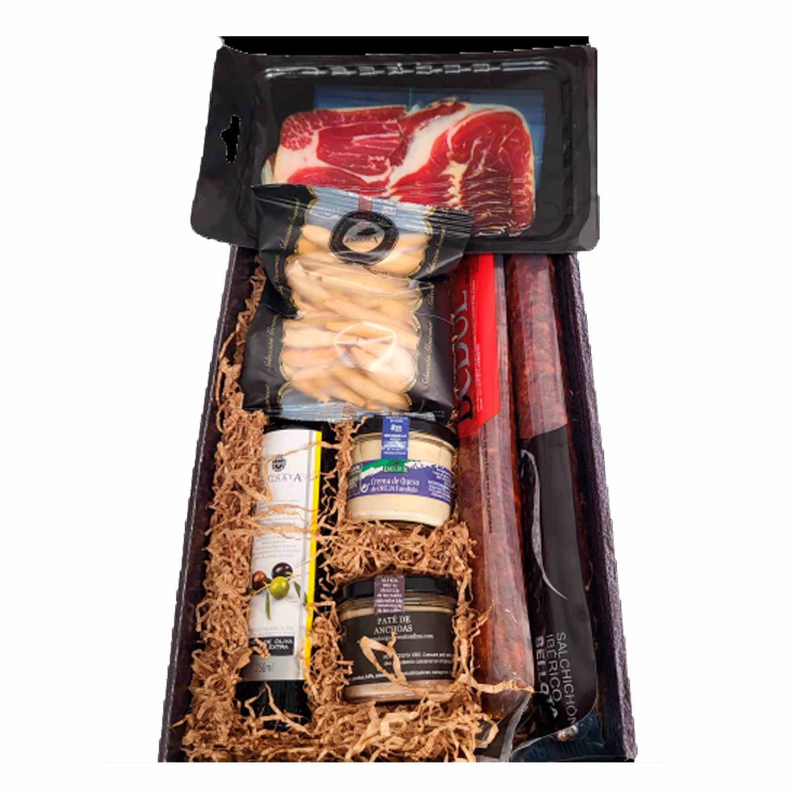 Deliex delicias de Extremadura. Cesta gourmet para regalar con aceite La Chinta, jamón, ibéricos y patés. Regalos para cumpleaños o Navidad. Lote delicatessen.