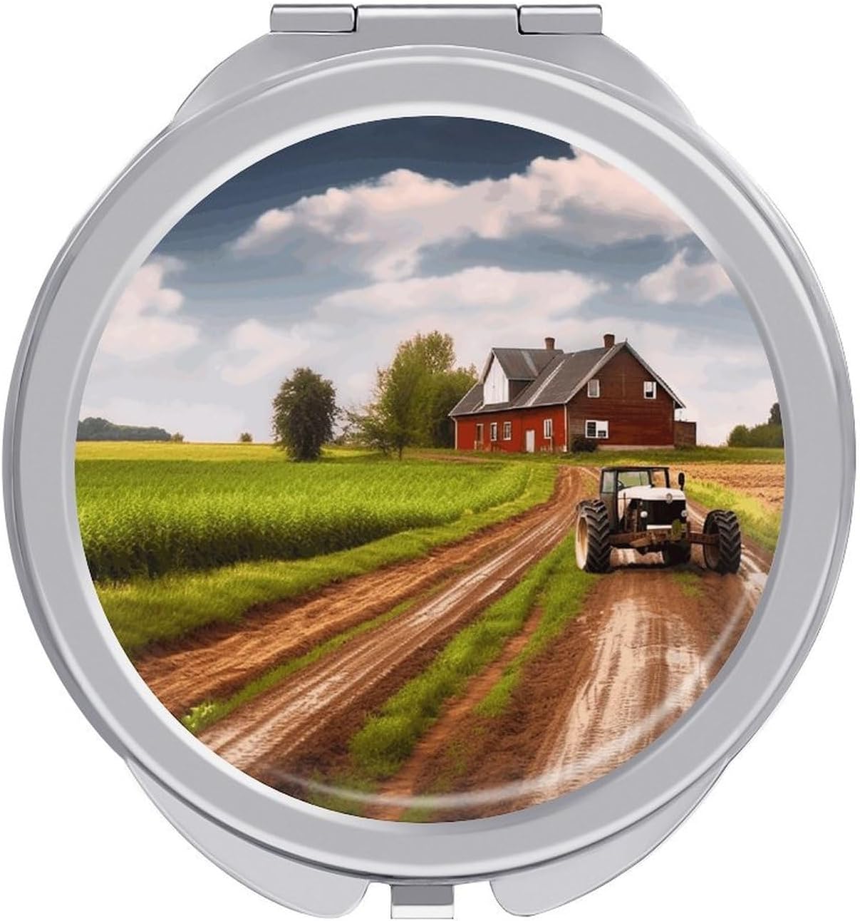Country Road with Farm and Tractor Makeup Mirror Lightweight Compact Mirror Portable Folding Travel Mirror 2-Sided Round Handheld Beauty Mirrors Mini Pocket Mirrors for Gift