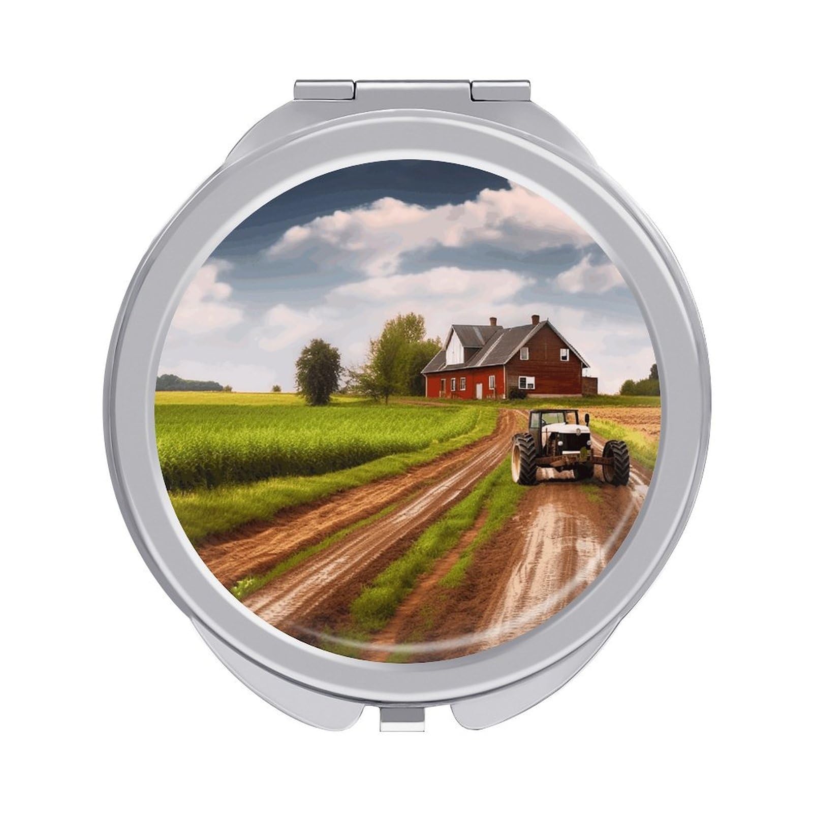JTREHY Country Road with Farm and Tractor Makeup Mirror Portable Folding Mirror Compact Travel Mirrors 2-Sided Round Pocket Mirrors Cute Handheld Beauty Mirror for Handbag Purse for Women Gift